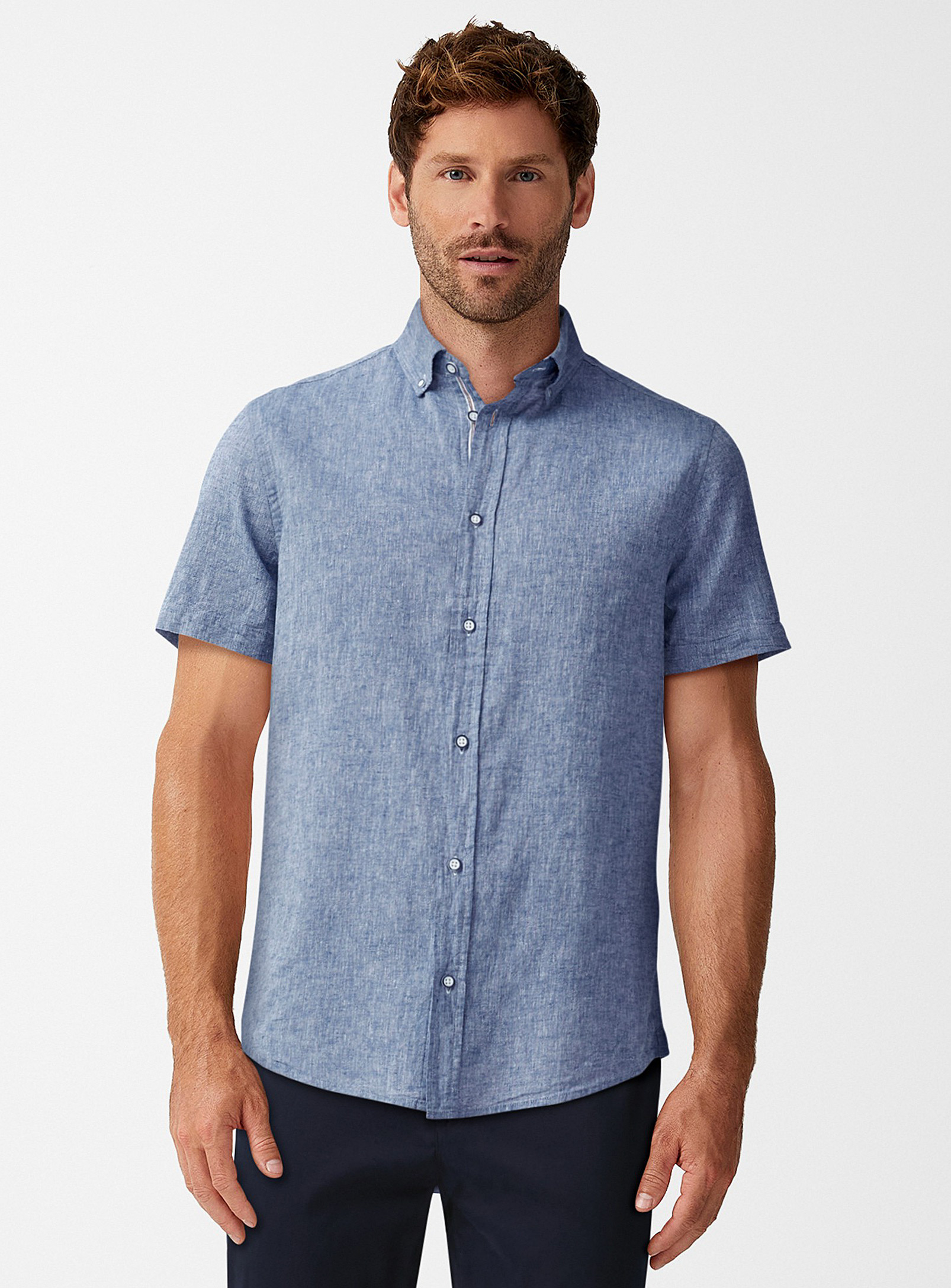 Report Collection Chambray-like Cotton-linen Shirt In Blue