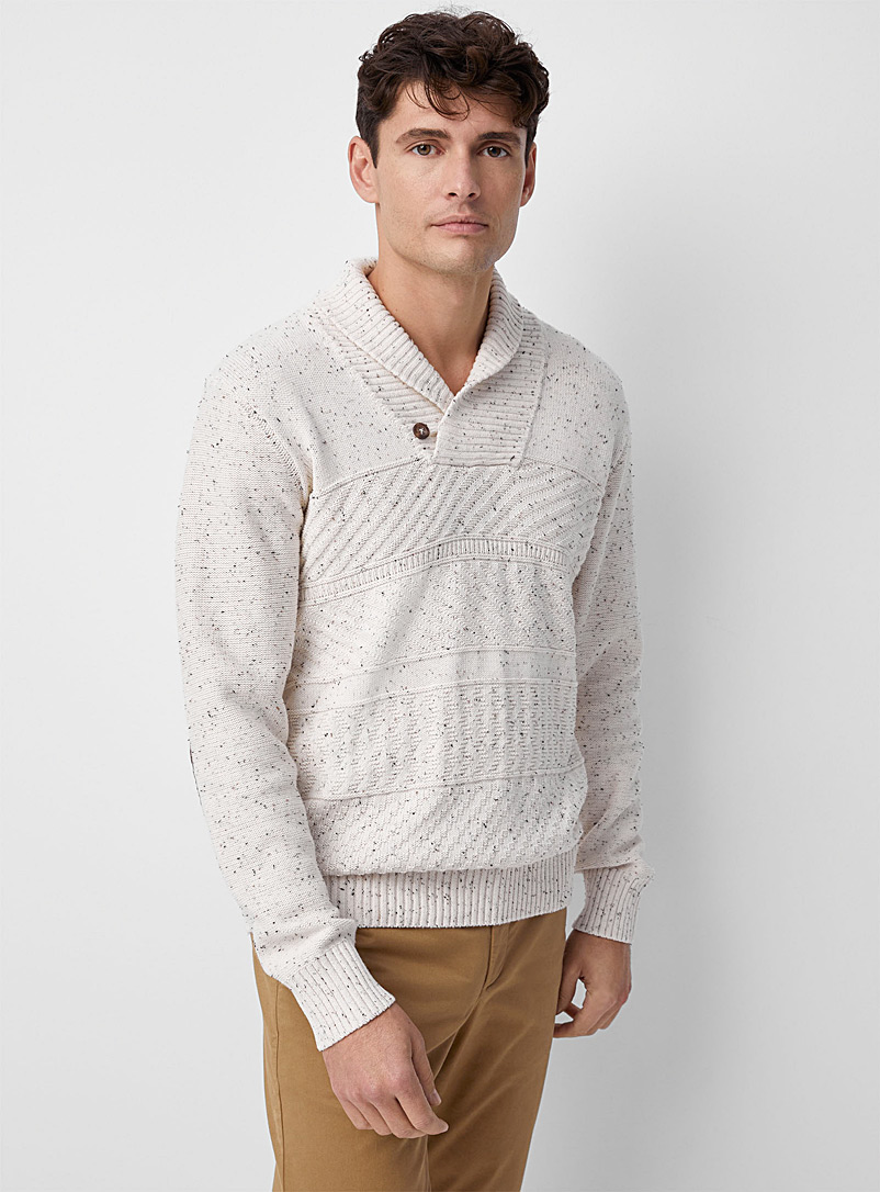 Point Zero Ivory White Flecked shawl-collar sweater for men