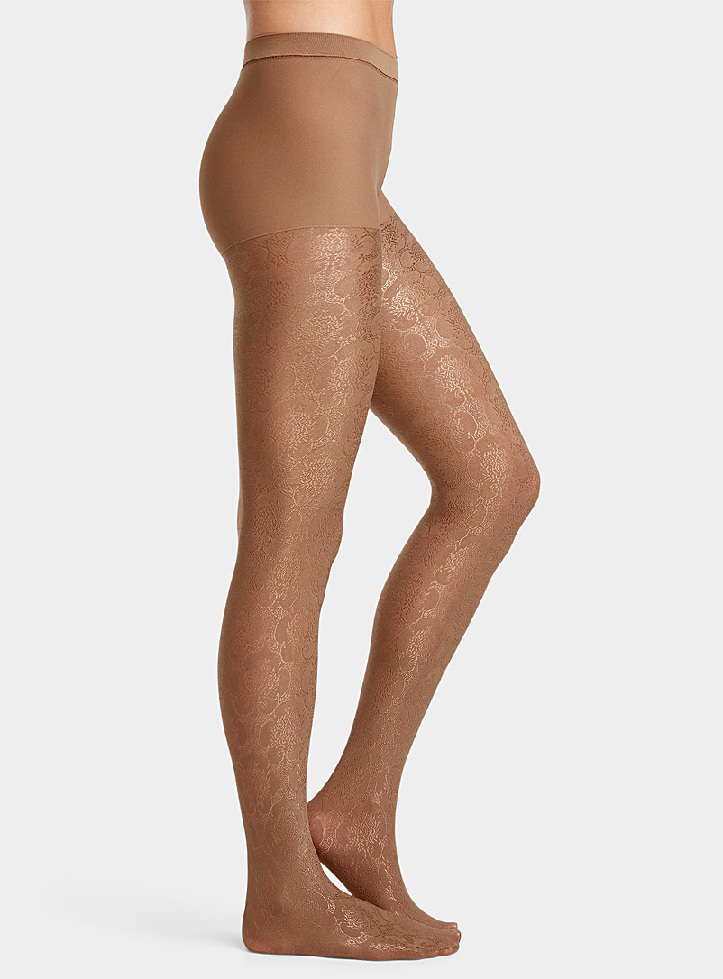 Simons Light Brown Sparkly baroque pattern tights for women