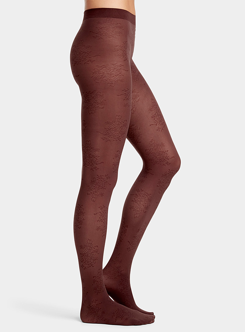 Simons Dark Brown Floral lace-like tights for women