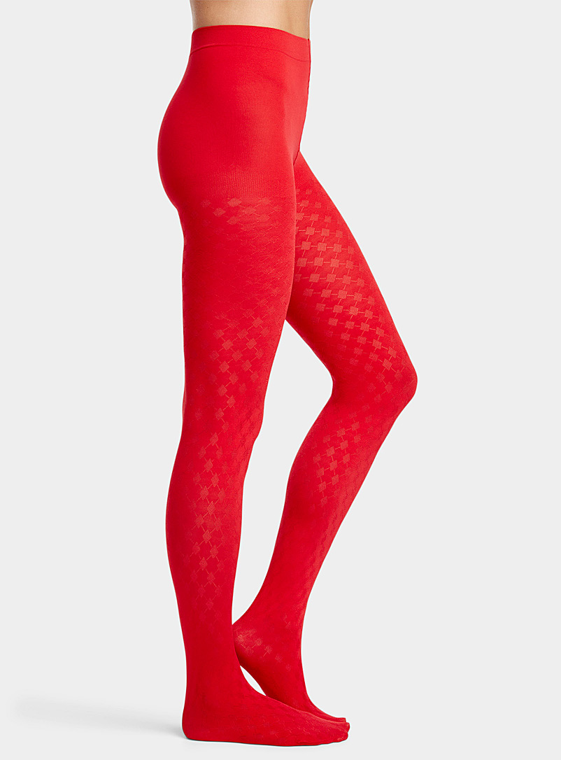 Simons Red Embossed diamond pattern microfibre tights for women