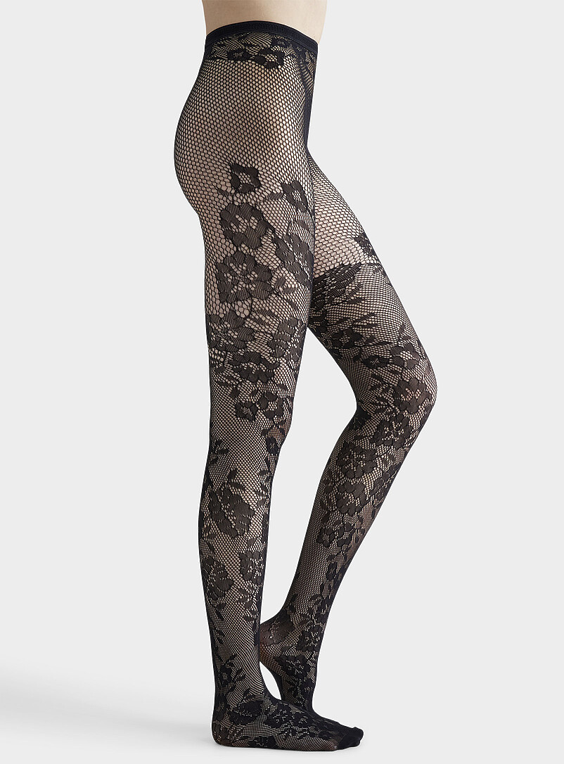 Simons: Le collant r&eacute;sille fleurs <b>Collection exclusive d'Italie</b> Noir pour femme