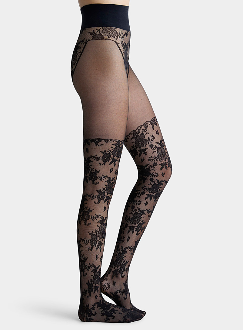 Simons Black Lacy pattern thigh-high style pantyhose for women
