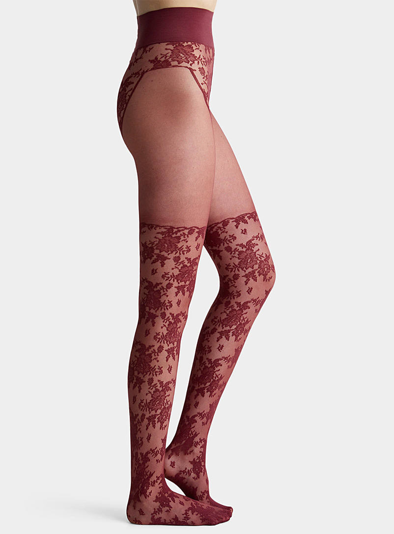 Red Floral Lace Stockings With Lace Top