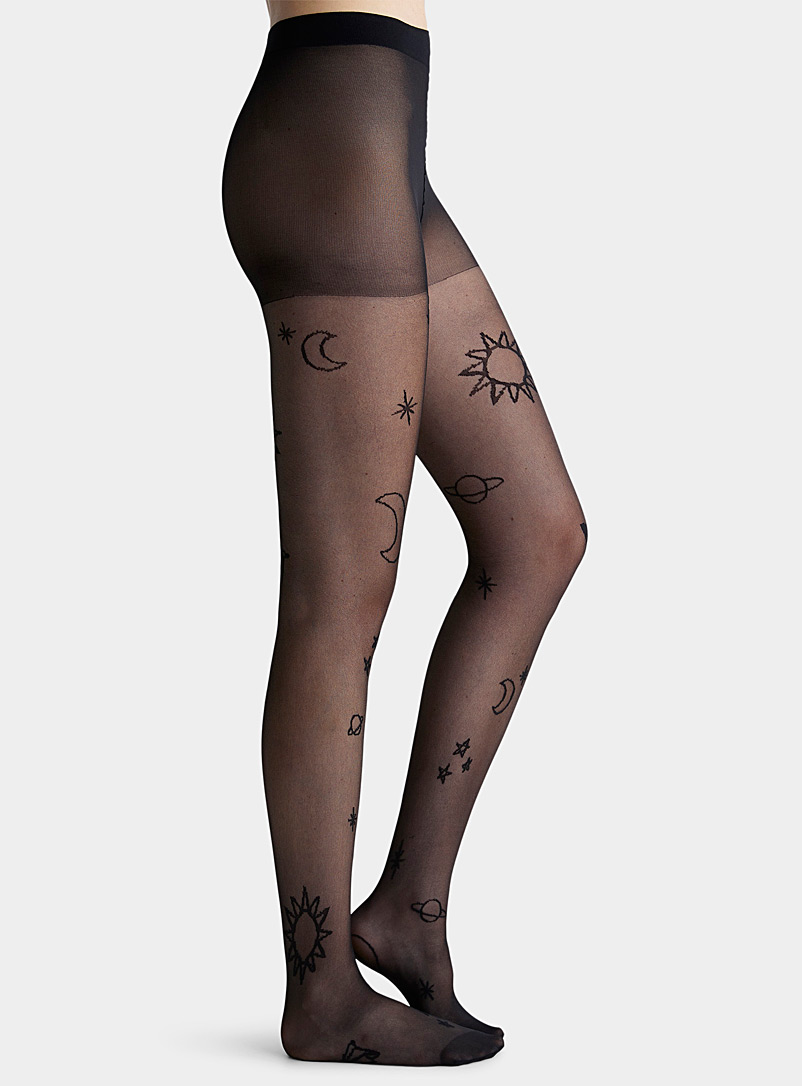 Cosmos Moon & Stars Patterned Sheer Tights in Black, Nude at