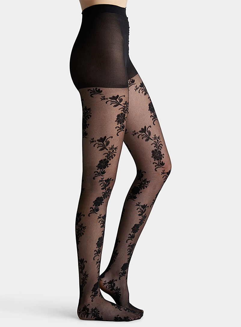 Simons Black Contrast floral sheer pantyhose for women
