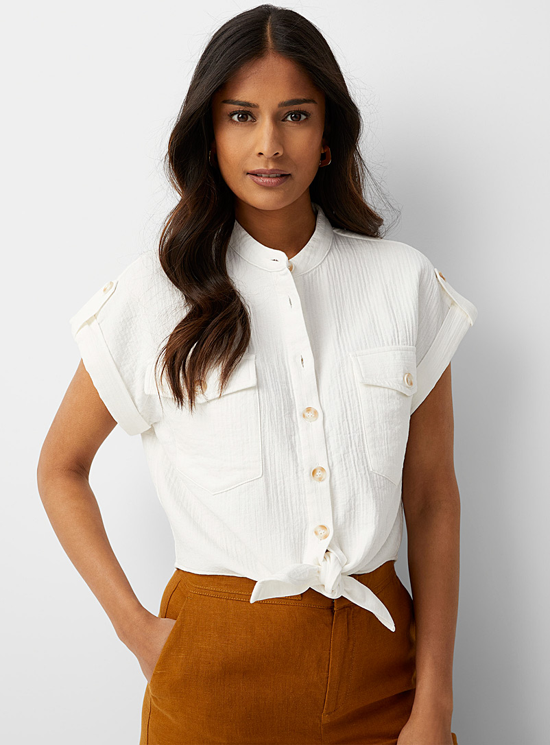 FRNCH White Knotted pocket shirt for women