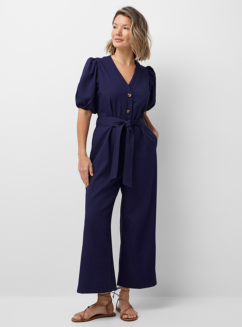 FRNCH Dark Blue Belted puff-sleeve jumpsuit for women
