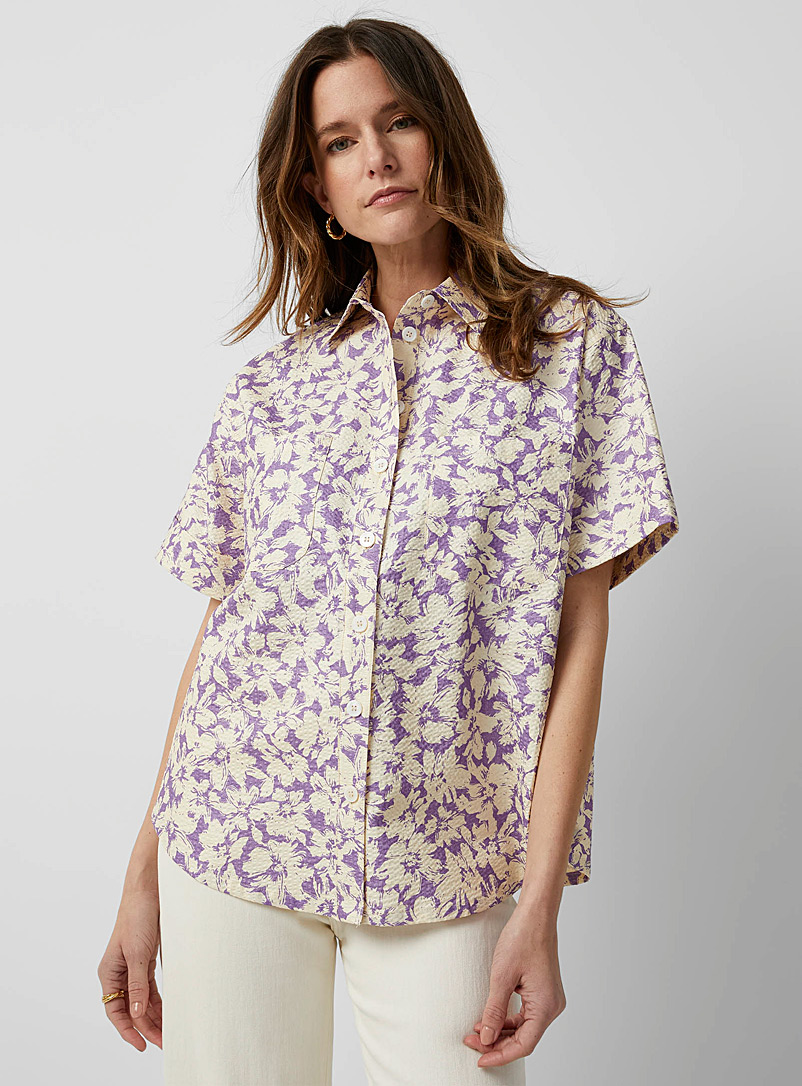 FRNCH Mauve Lillie cream flowers waffled shirt for women