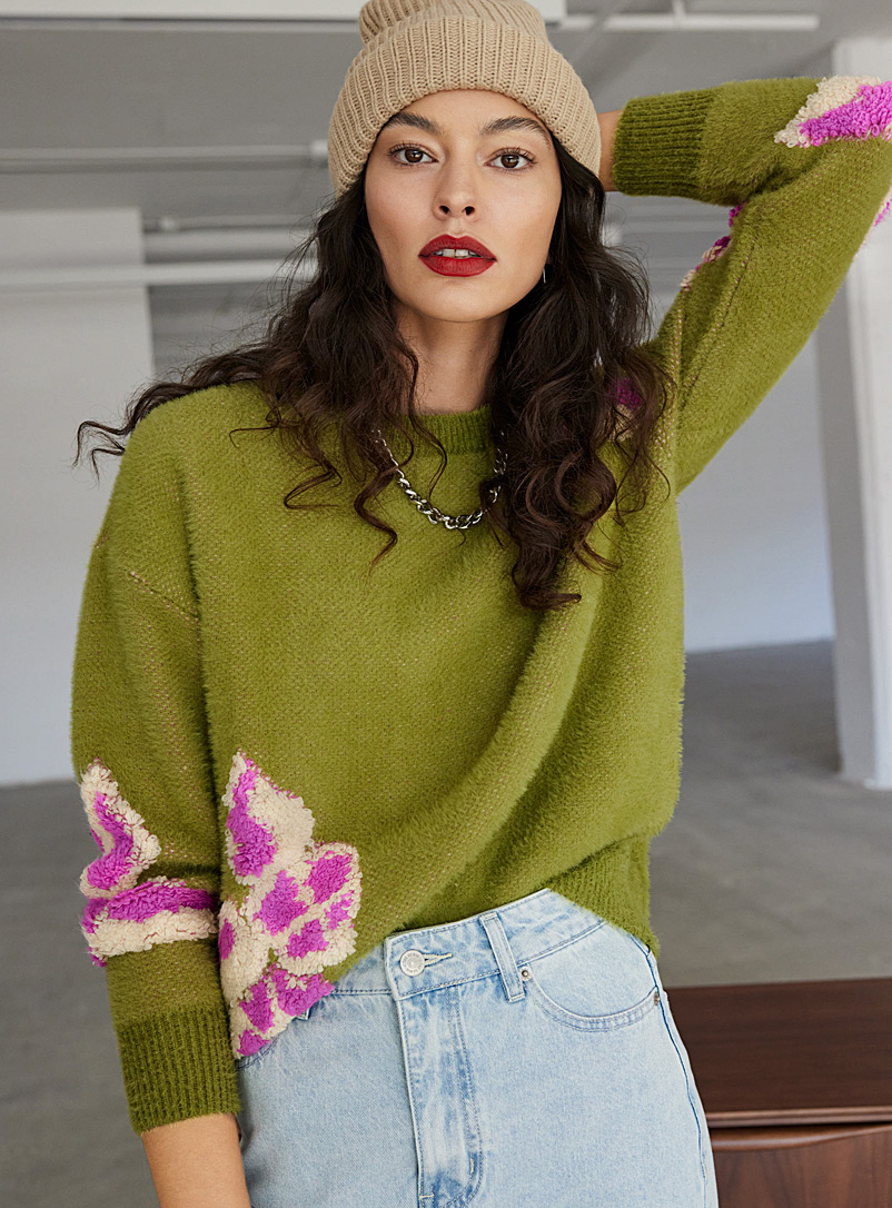 FRNCH Green  Contrasting flower jacquard sweater for women