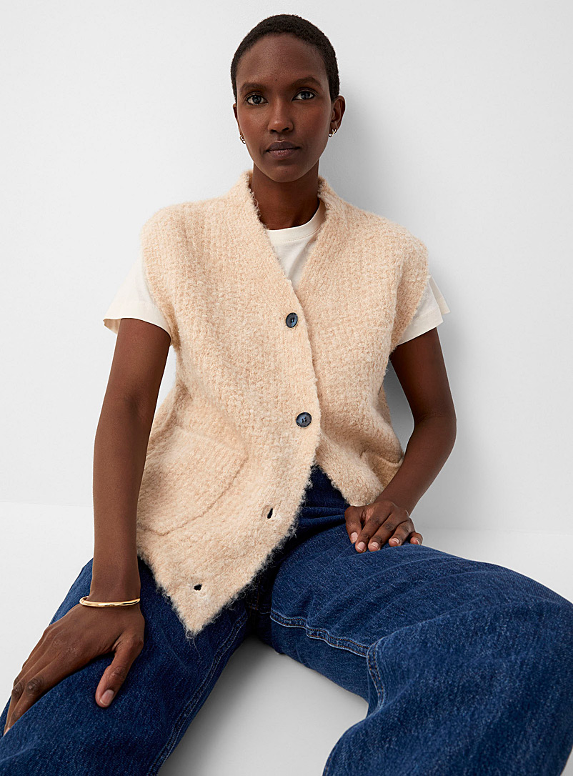 FRNCH Beige  Bouclé knit buttoned sweater vest for women