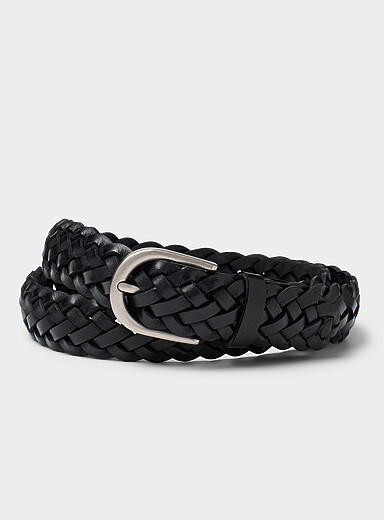 Rounded-buckle braided leather belt
