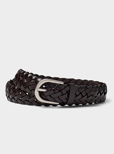 Rounded-buckle braided leather belt