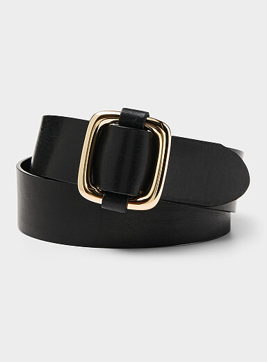 Golden square-buckle sliding leather belt