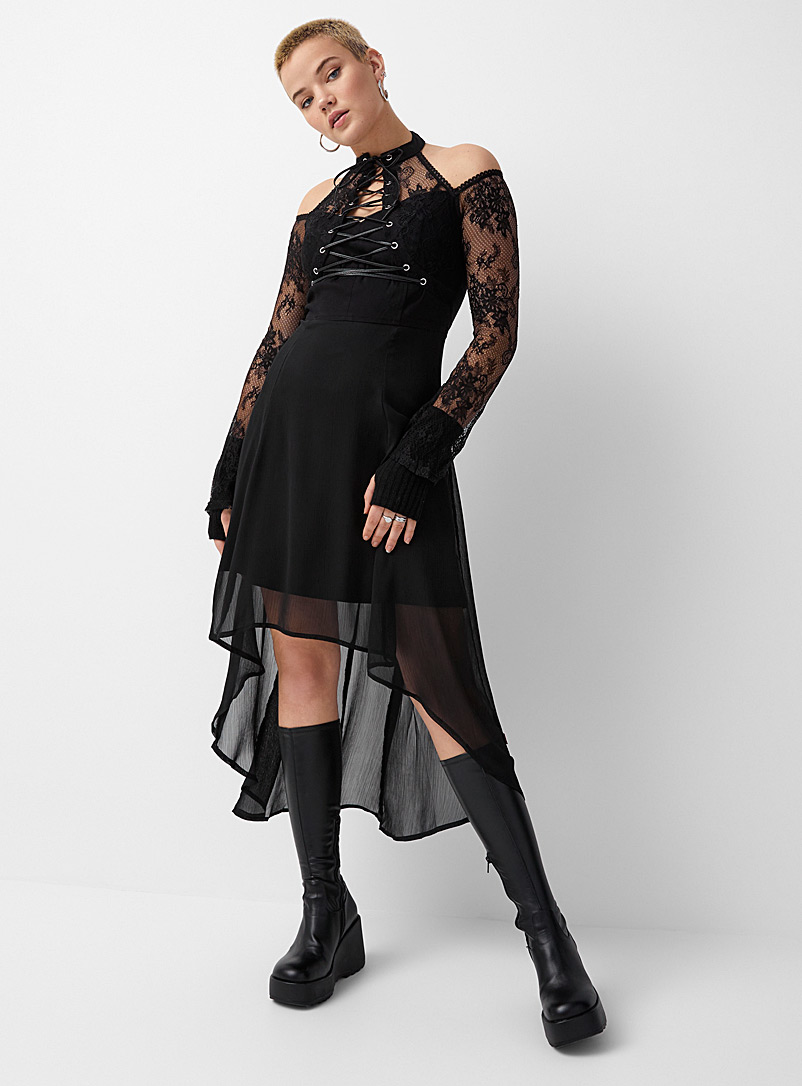 Tripp NYC Black Lace and voile halter dress for women