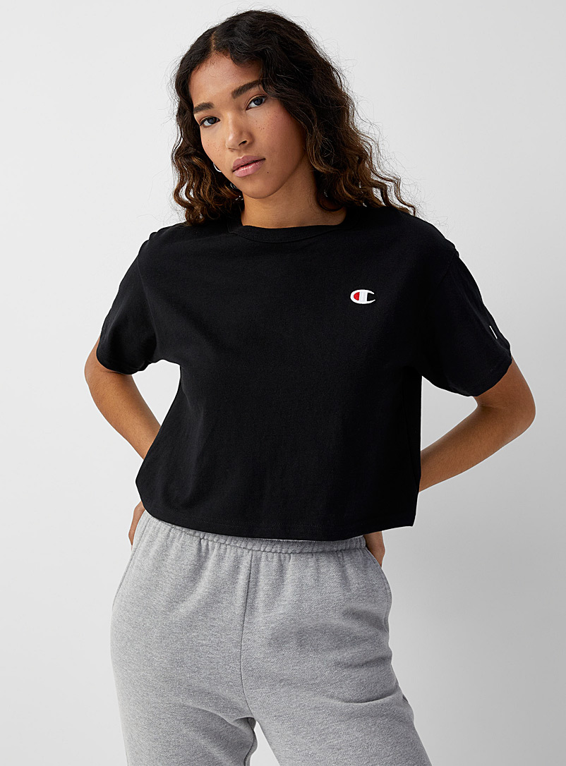 Champion Black Embroidered logo cropped tee for women