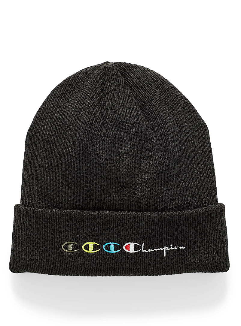 Champion Black Colourful logo ribbed rolled tuque for men