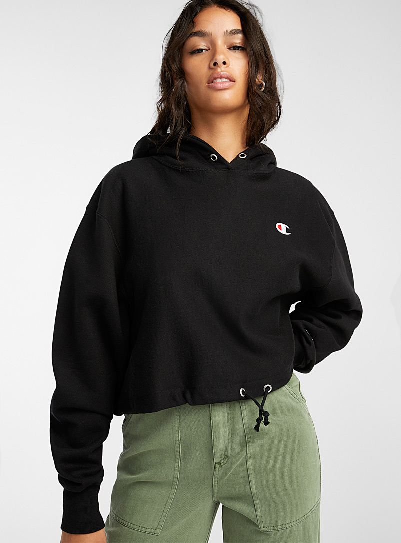 Champion Black Logo cropped hooded sweatshirt for women