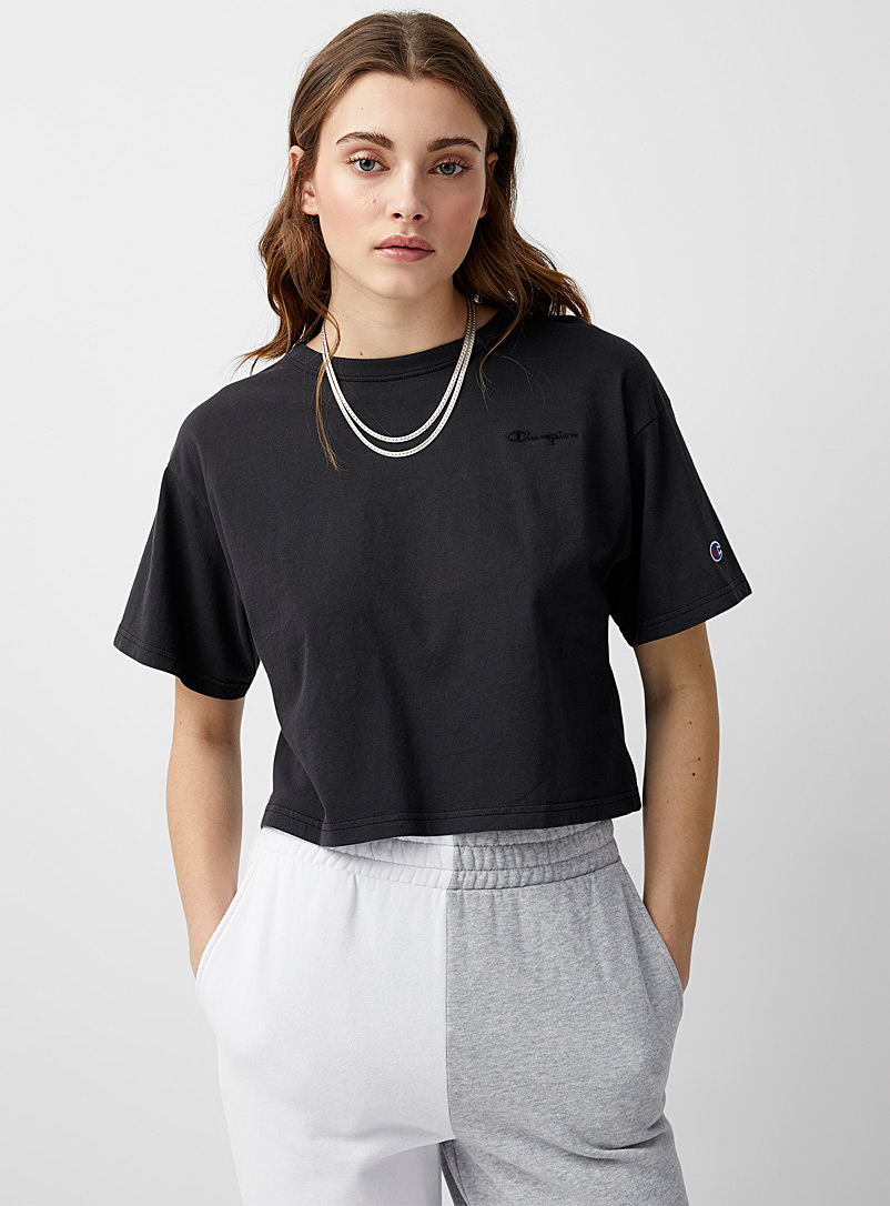 Champion Black Embroidered faded crop T-shirt for women