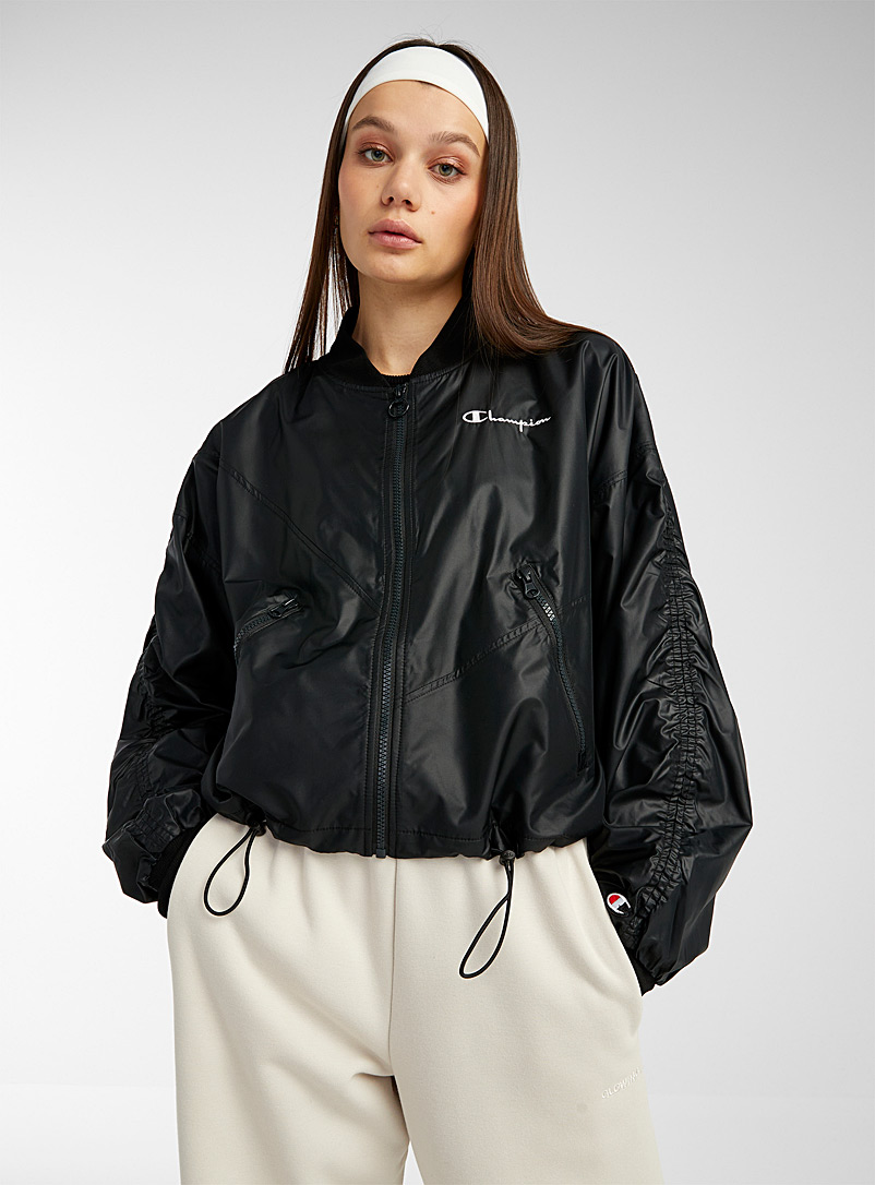 Champion Black Gathered-sleeve canvas bomber jacket for women