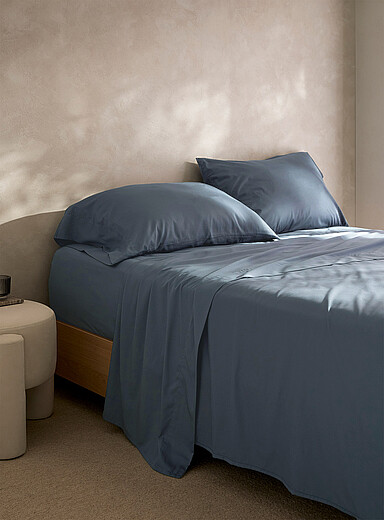 Simons Maison Slate Blue Bamboo rayon and organic cotton sheet set 300-thread-count Fits mattresses up to 16 in