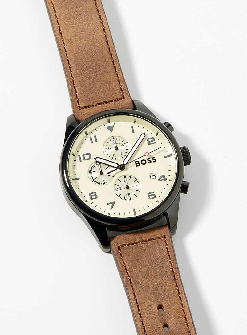 BOSS: La montre chronographe bracelet cuir Brun pour homme