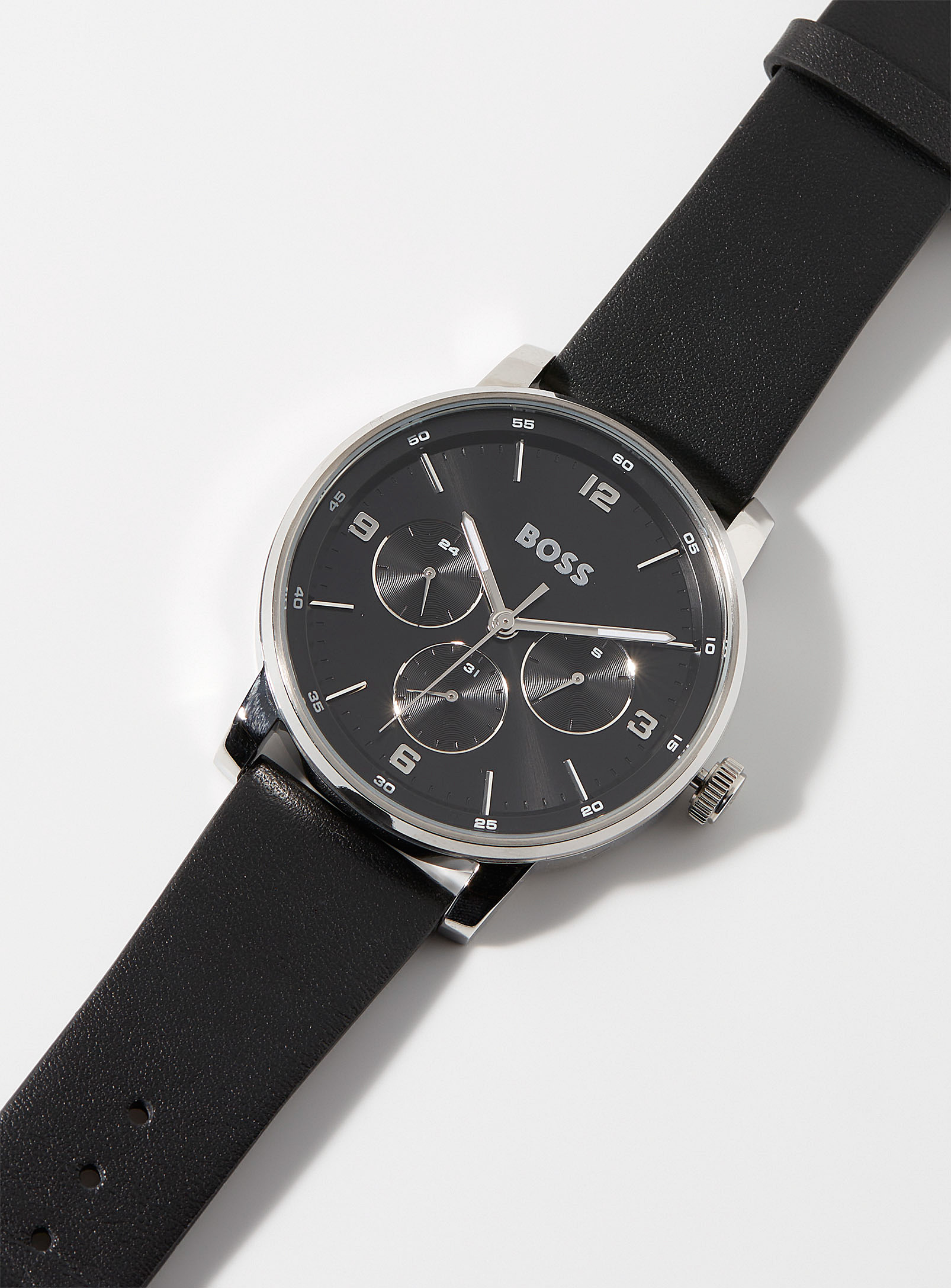 Hugo Boss Contender Leather Band Watch In Black