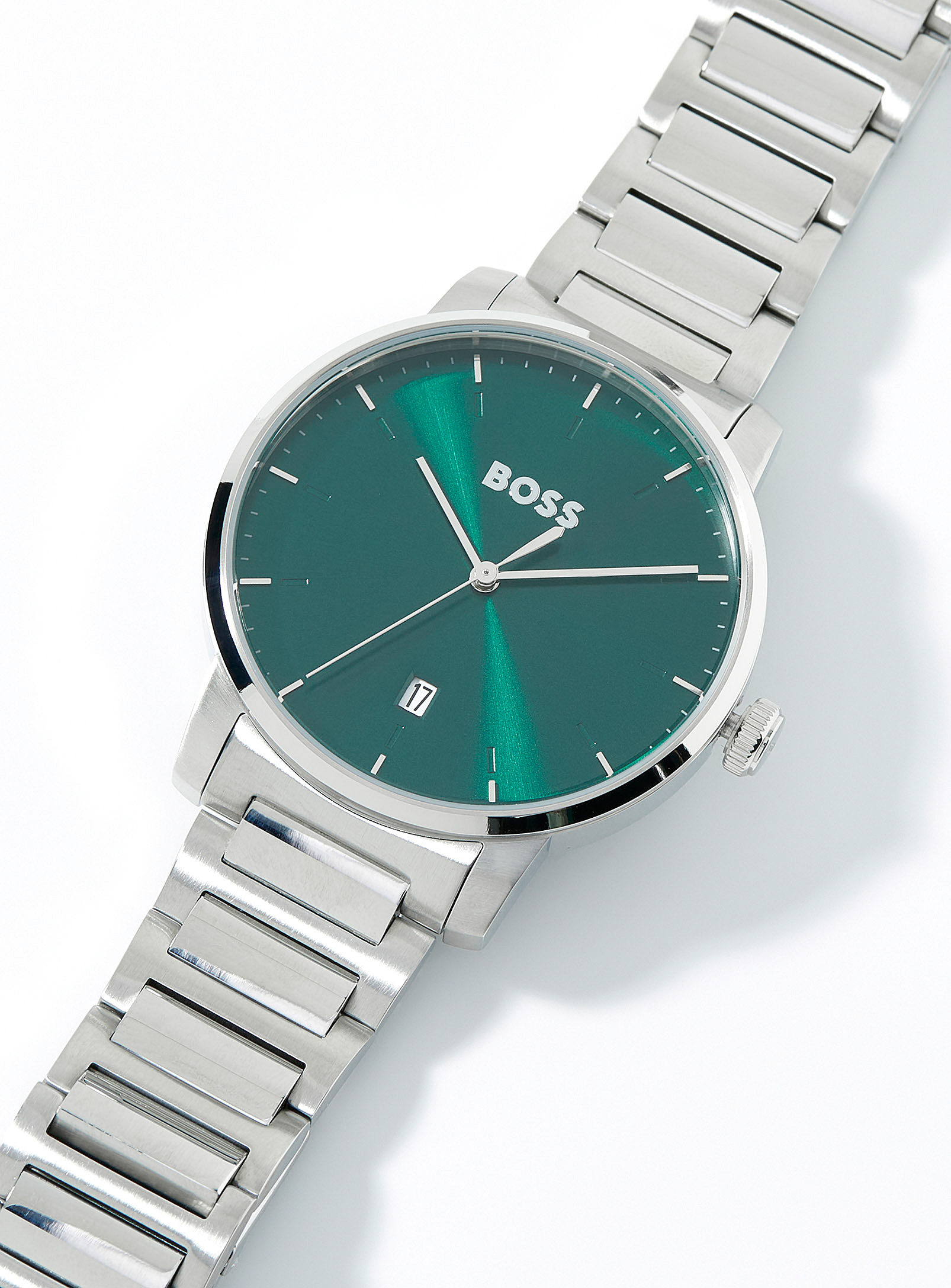 Hugo Boss Emerald Green Face Silver Watch In Metallic