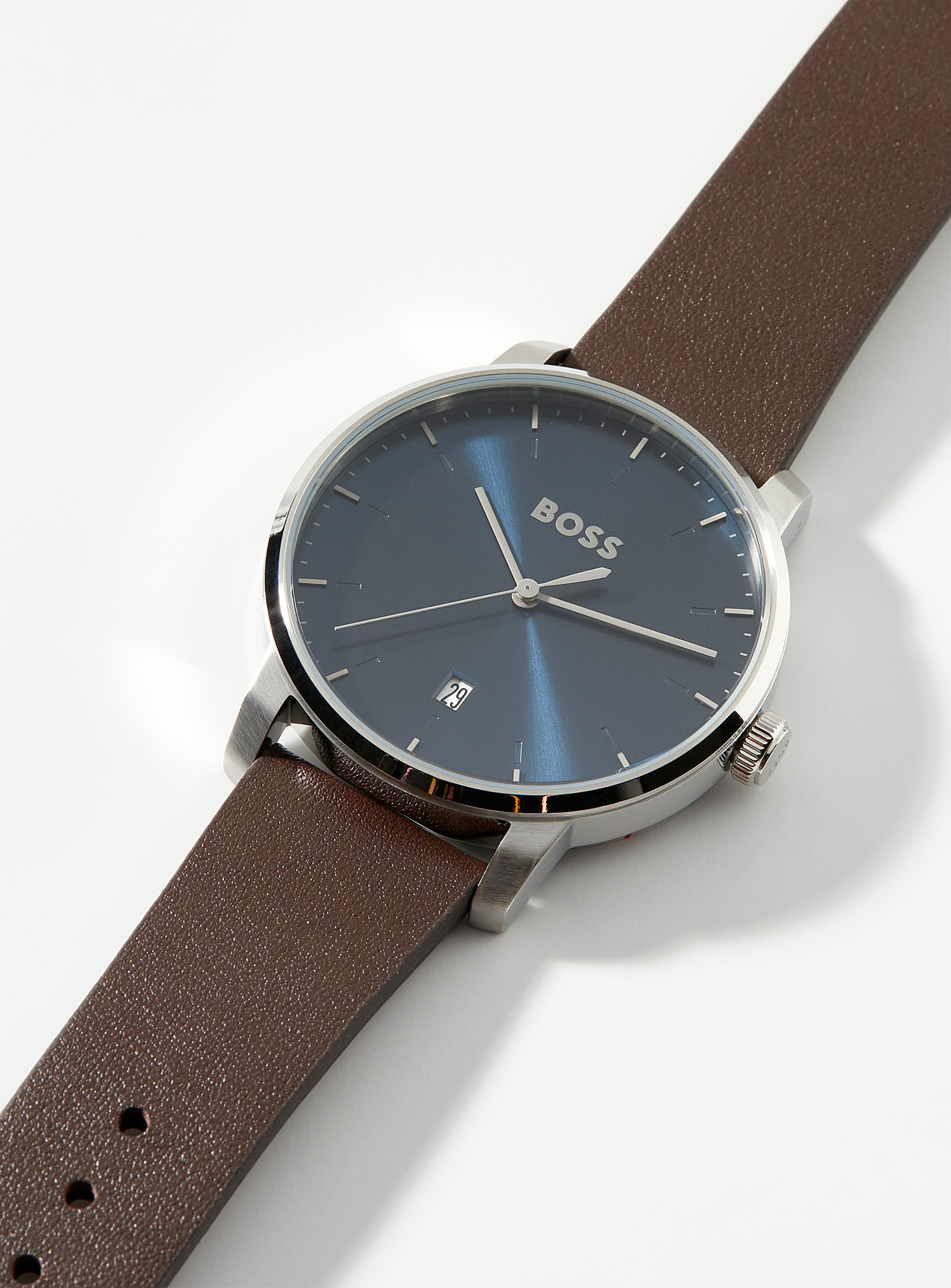 Hugo Boss Navy-blue-dial Leather Band Watch In Brown