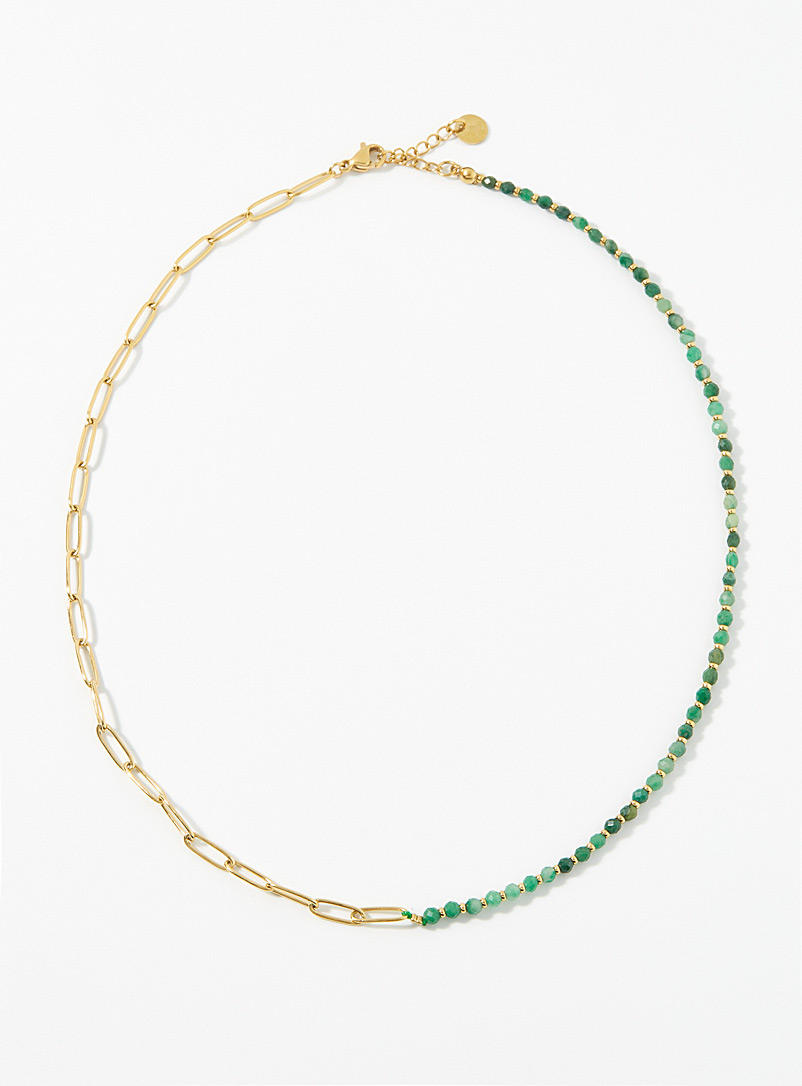 Simons Patterned Green Faceted stone and gold chain necklace for women