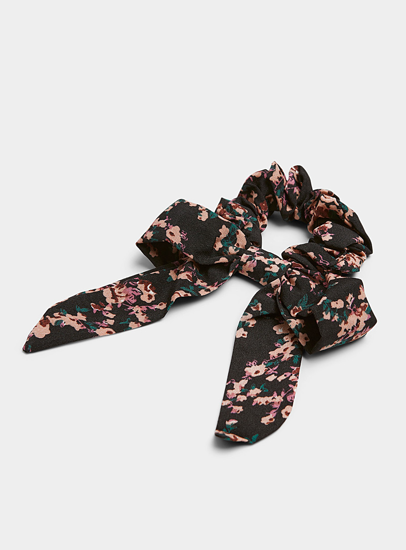 Simons Patterned Black Fall-flower bow scrunchie for women