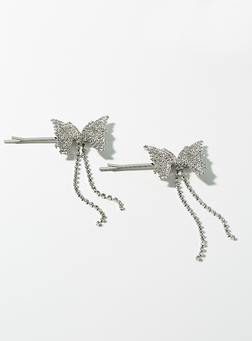 Simons Silver Crystal butterfly barrettes Set of 2 for women