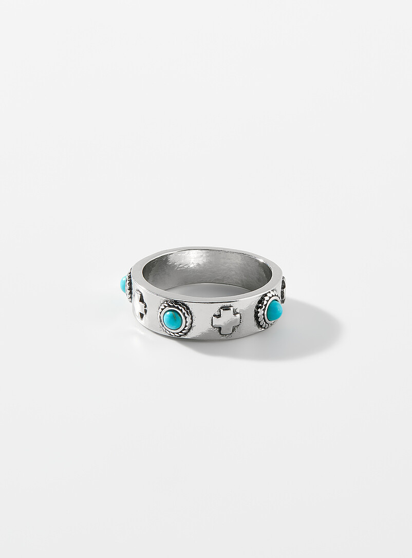Embossed cross and stone ring product image (primary)