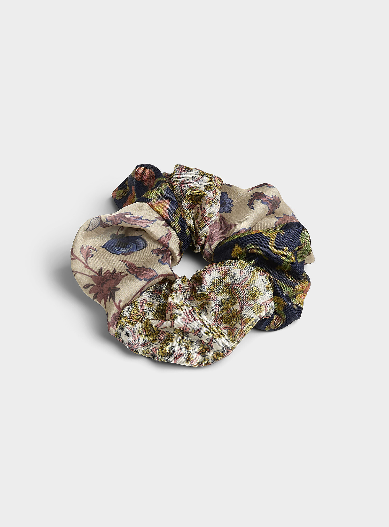Simon's Floral Patchwork Satiny Scrunchie In Patterned Brown