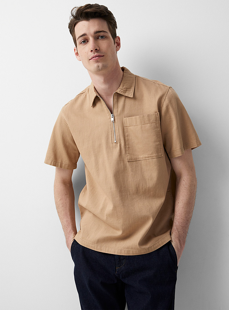 Selected Light Brown Zip-neck twill shirt for men