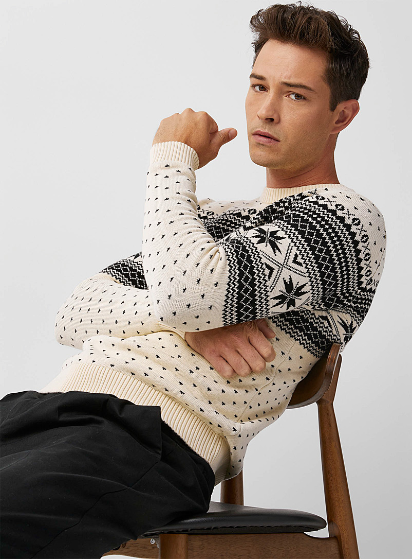 Selected Patterned Ecru Snowy jacquard sweater for men