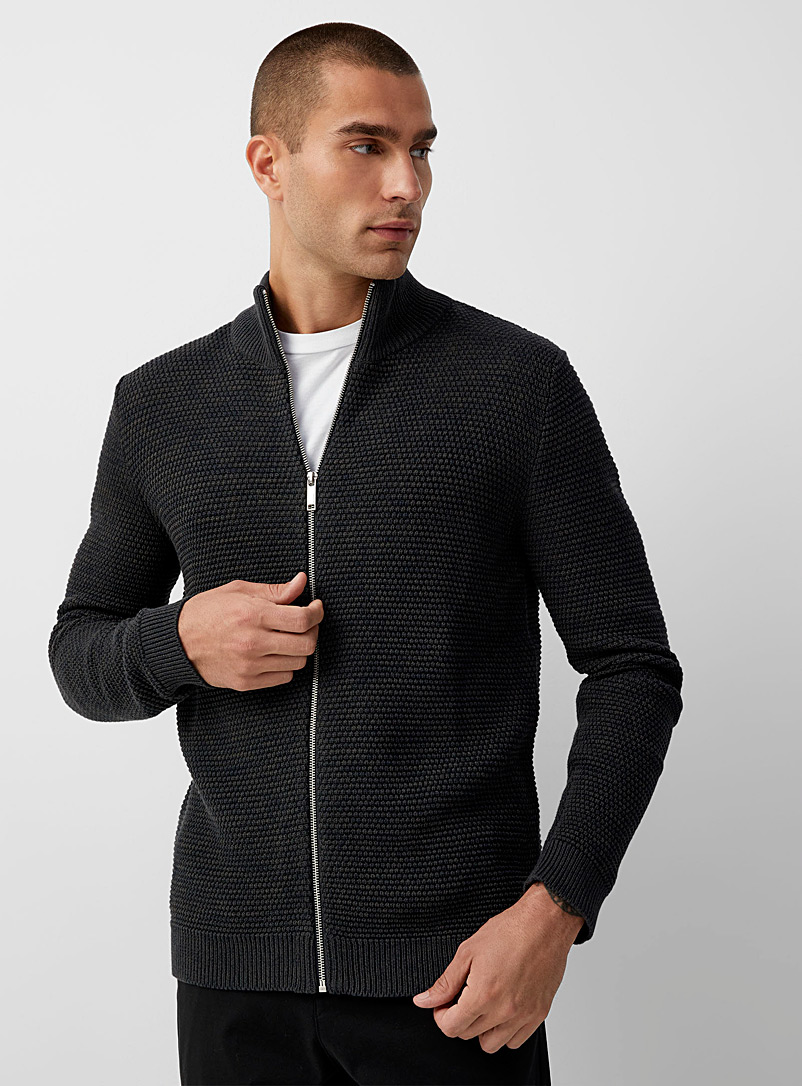 Selected Navy Textured knit zip-up cardigan for men
