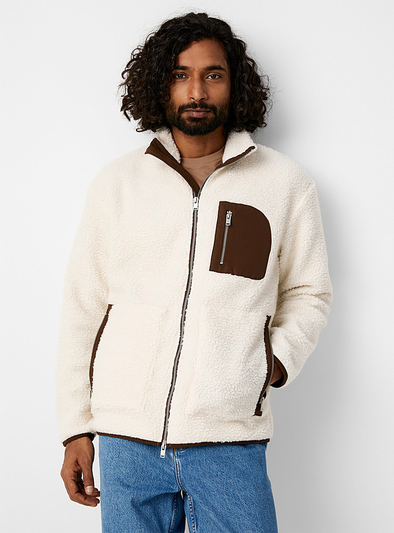 Selected Off White Chocolate insert Sherpa jacket for men