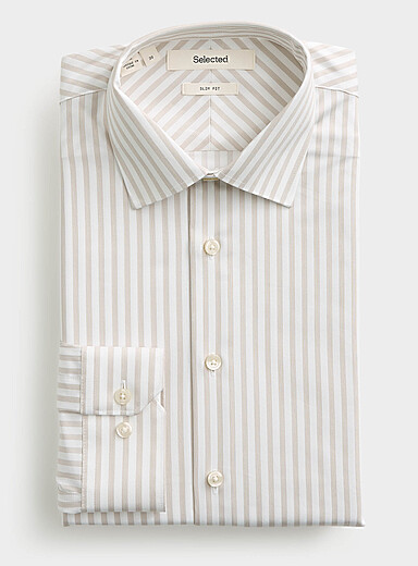 Selected White Vertical-stripe sand shirt <b>Slim fit</b> for men