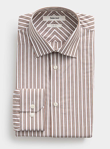 Selected: La chemise rayure accent moka <b>Coupe ajust&eacute;e</b> Brun pour homme