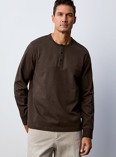 Selected Brown Long-sleeve Henley T-shirt for men