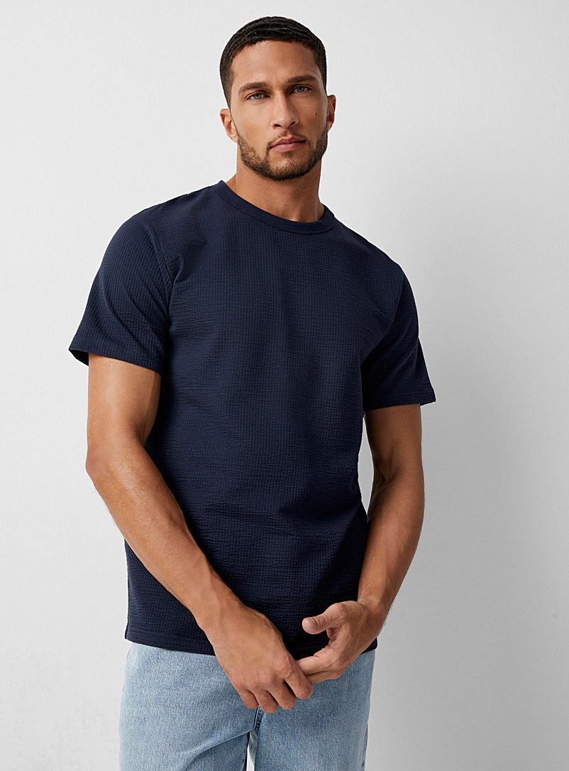 Selected Navy/Midnight Blue Seersucker jersey T-shirt for men