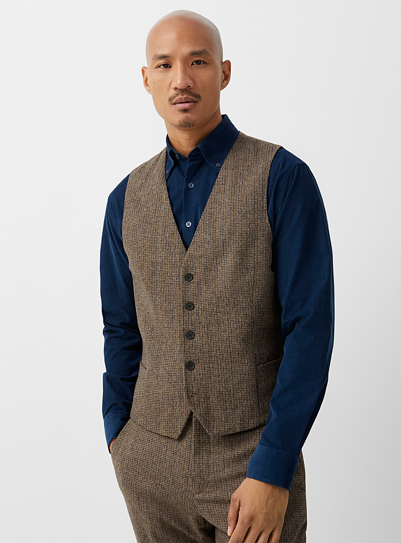 Selected Brown Mini-check tweed vest for men