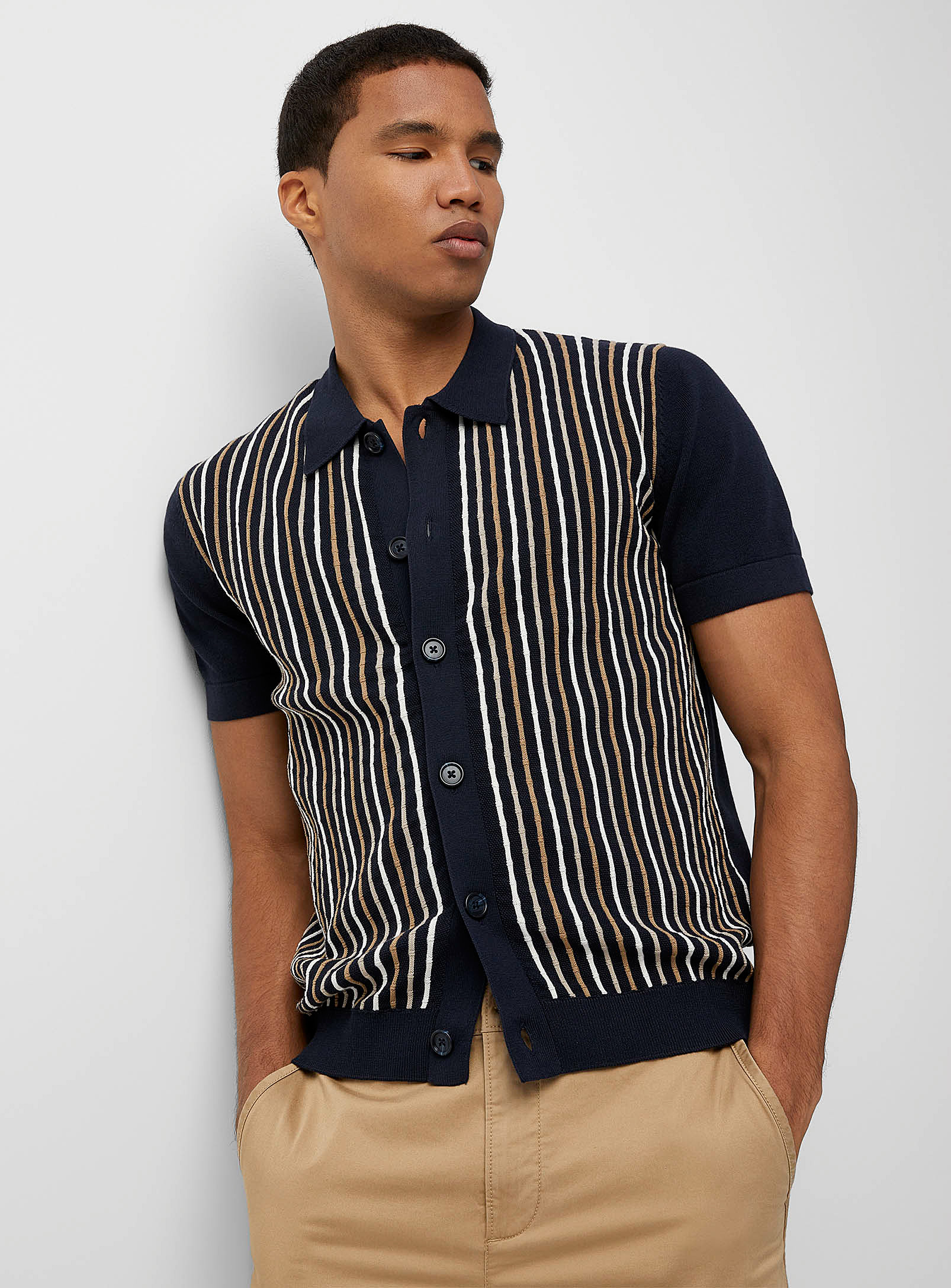 Selected Vertical Stripe Knit Shirt In Navy/midnight Blue
