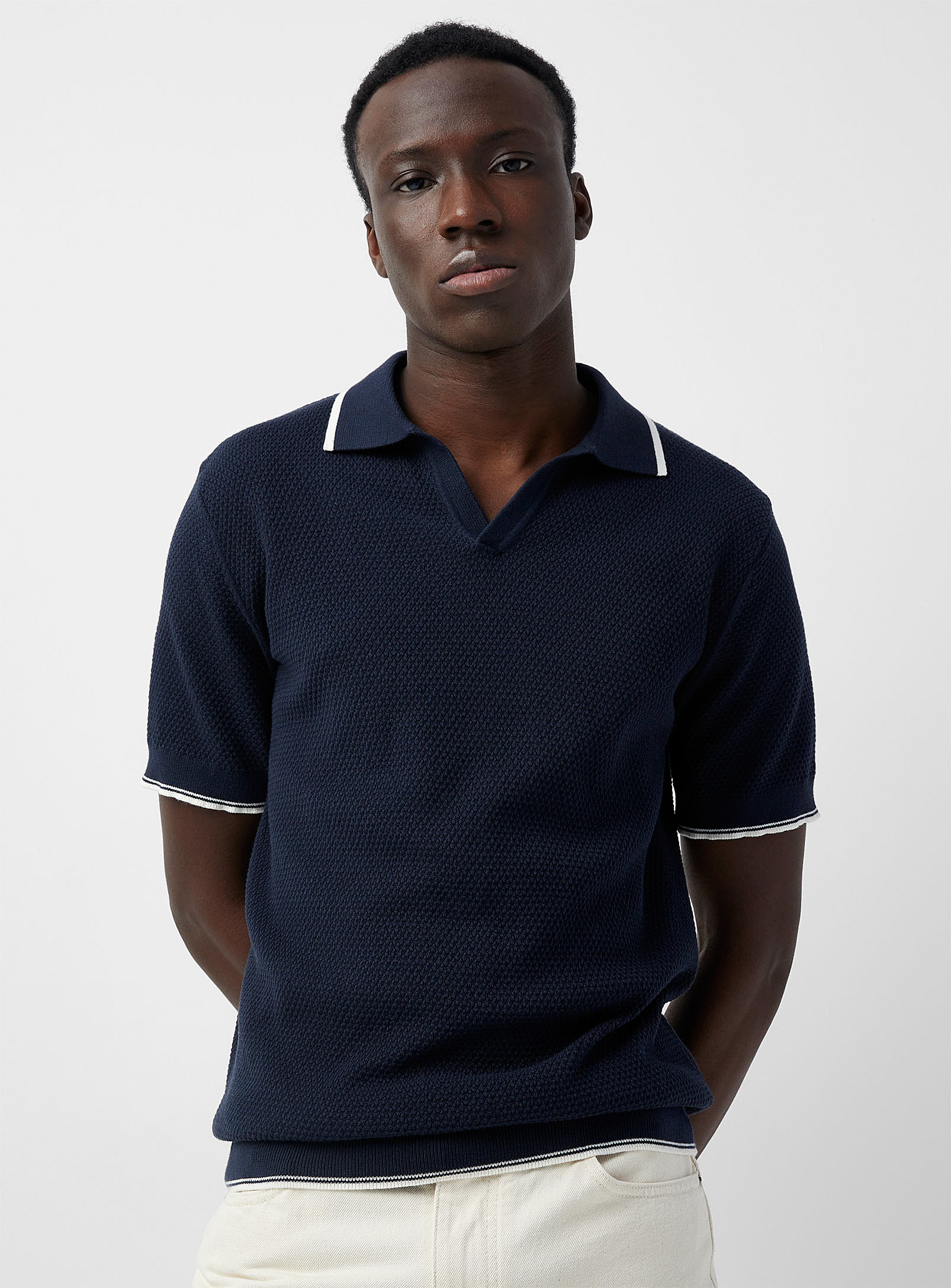 Selected Johnny-collar Textured Polo In Marine Blue