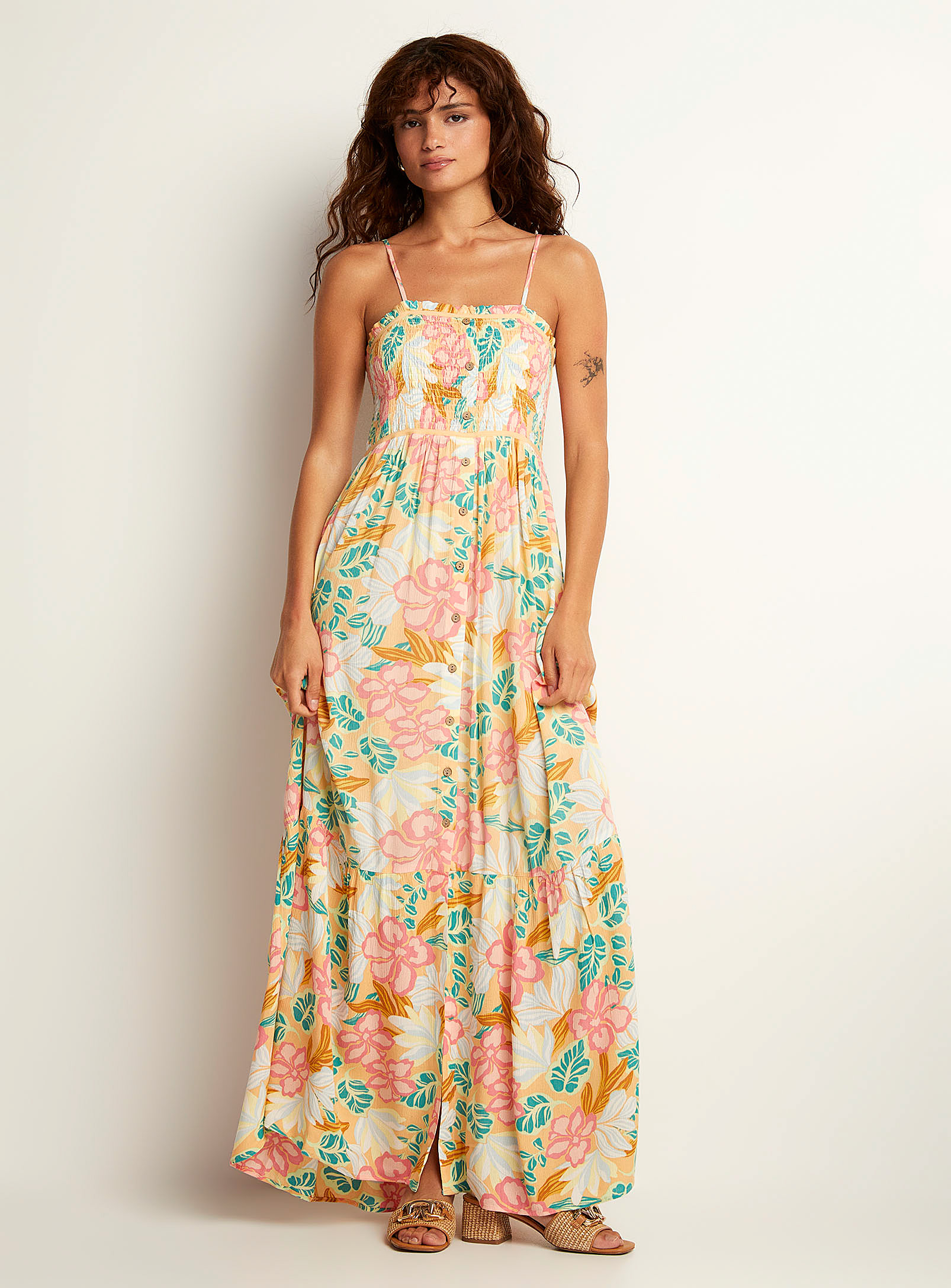 Rip Curl Summer Flowers Maxi Smocked Dress In Patterned Orange