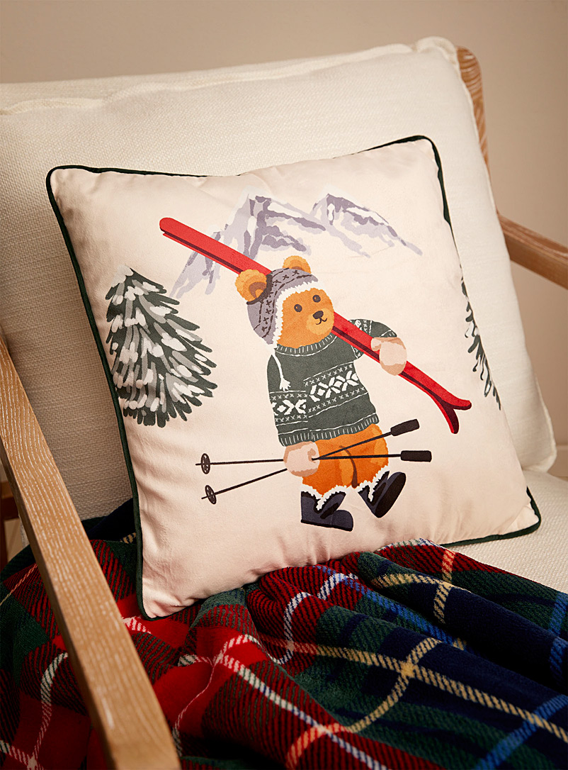 Simons Maison Cream Beige Skiing bear velvet cushion 45 x 45 cm