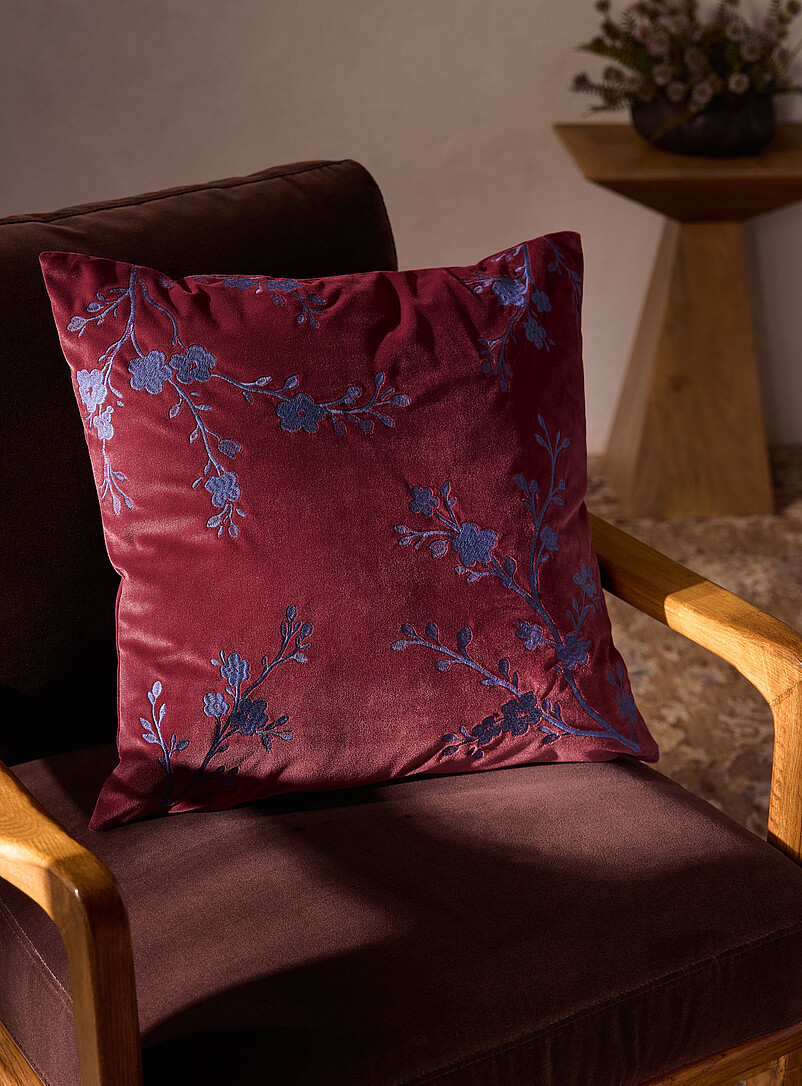 Embroidered flowers velvety burgundy removable cover cushion 50 x 50 cm product image (primary)