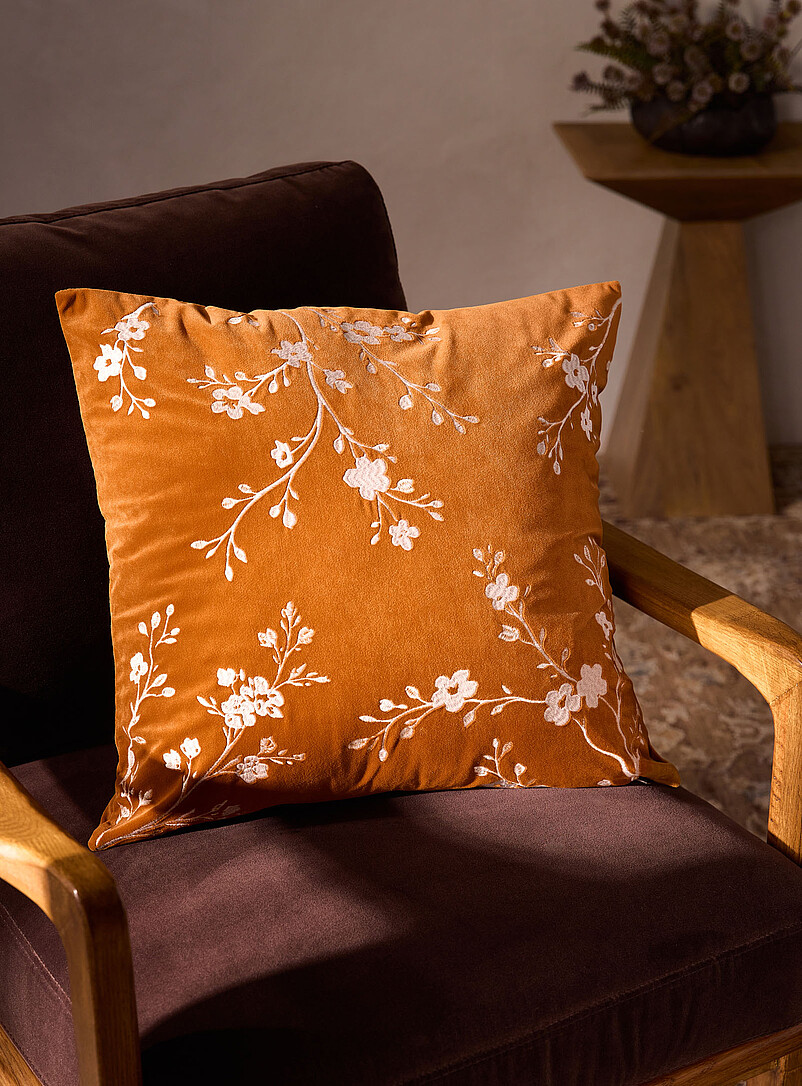 Embroidered flowers velvety golden yellow removable cover cushion 50 x 50 cm product image (primary)