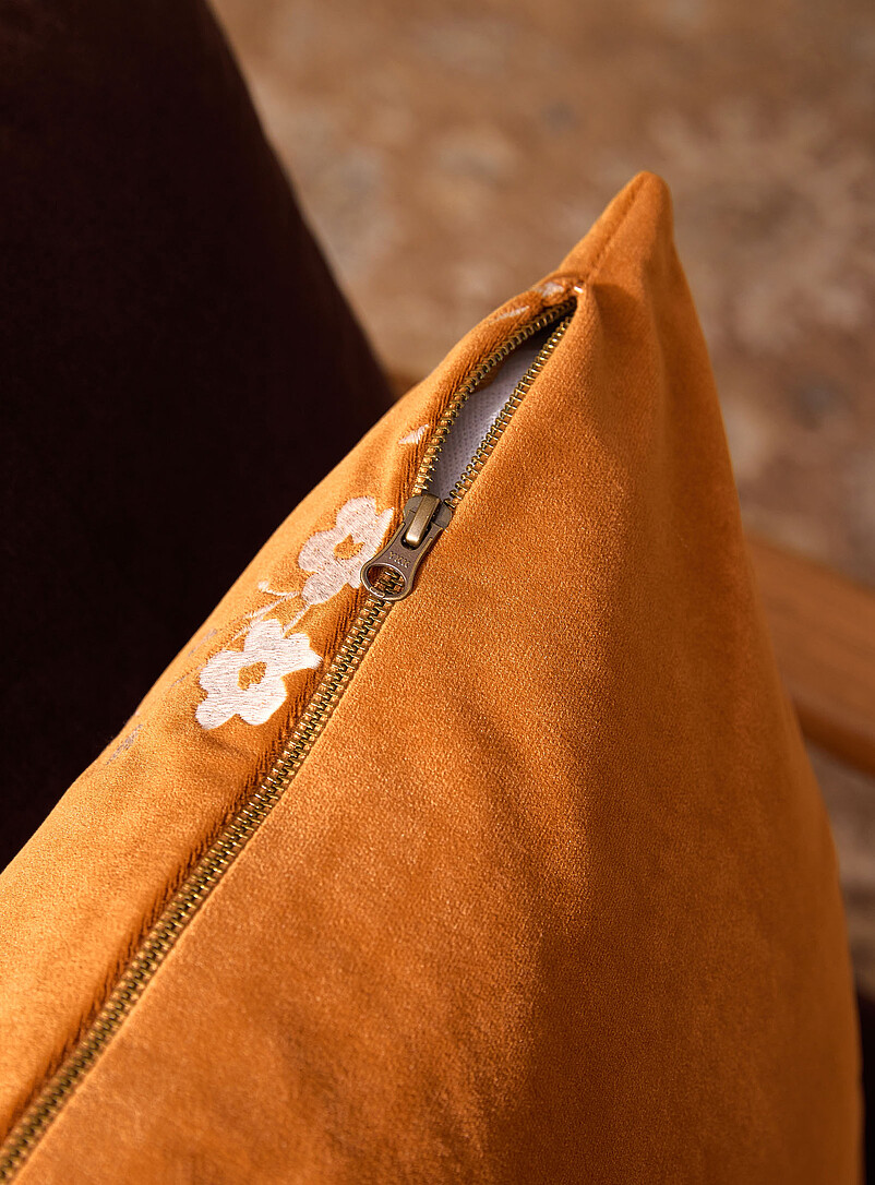 Embroidered flowers velvety golden yellow removable cover cushion 50 x 50 cm product image 2